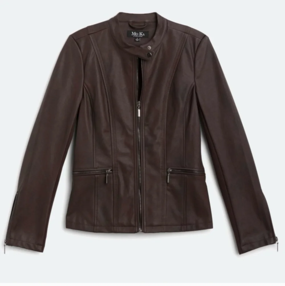 NEW Mo-Ka Faux Leather Jacket Lined Zip Pockets  Chocolate Burgundy Plum Small - Picture 3 of 16
